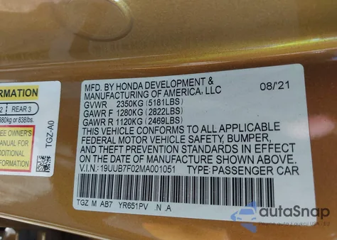 2021 Acura Tlx Type S из США, поврежденный, VIN 19UUB7F02MA001051